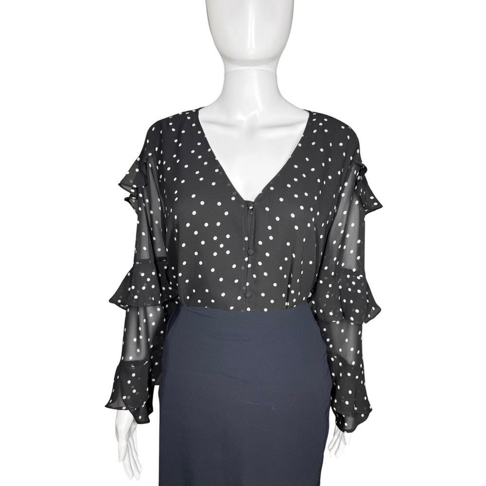 Vince Camuto Black White Sheer Polkadot Tiered Ruffle Sleeve Blouse Size Large